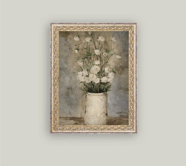 Long Stem White Roses Framed Vintage Art