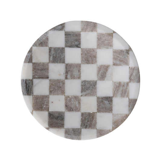 Round marble coaster with a checkered pattern on a white background