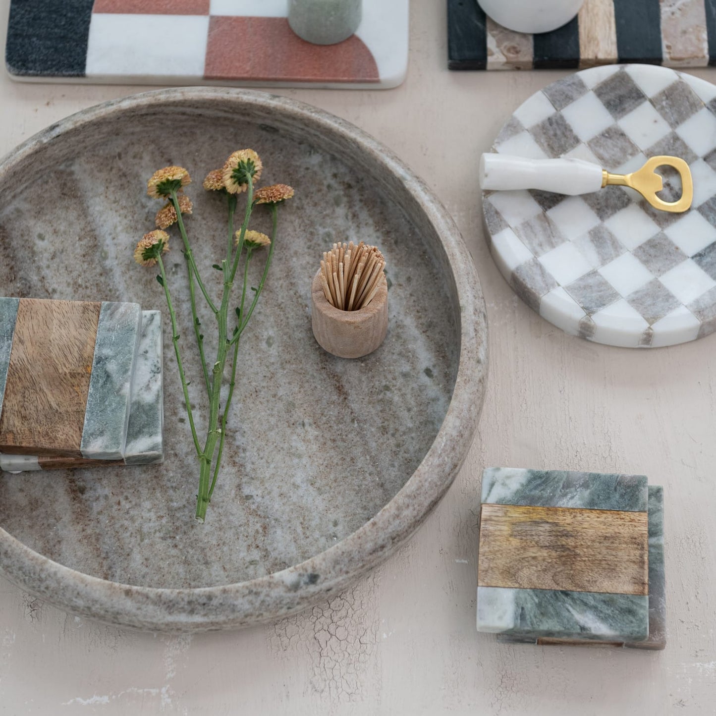 Round marble tray with checkered pattern