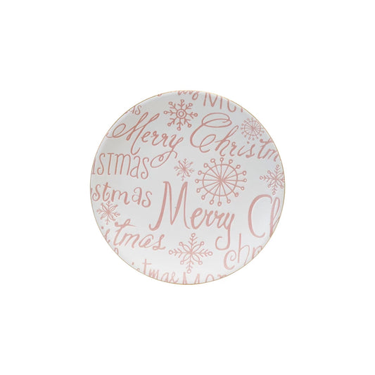 Round ceramic plate with 'Merry Christmas' text and snowflake patterns on a white background