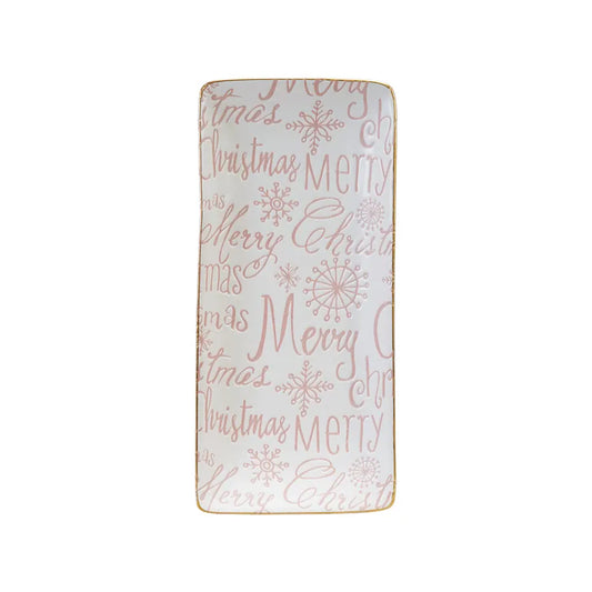 Rectangular serving platter with 'Merry Christmas' text and snowflake designs on a light blue background