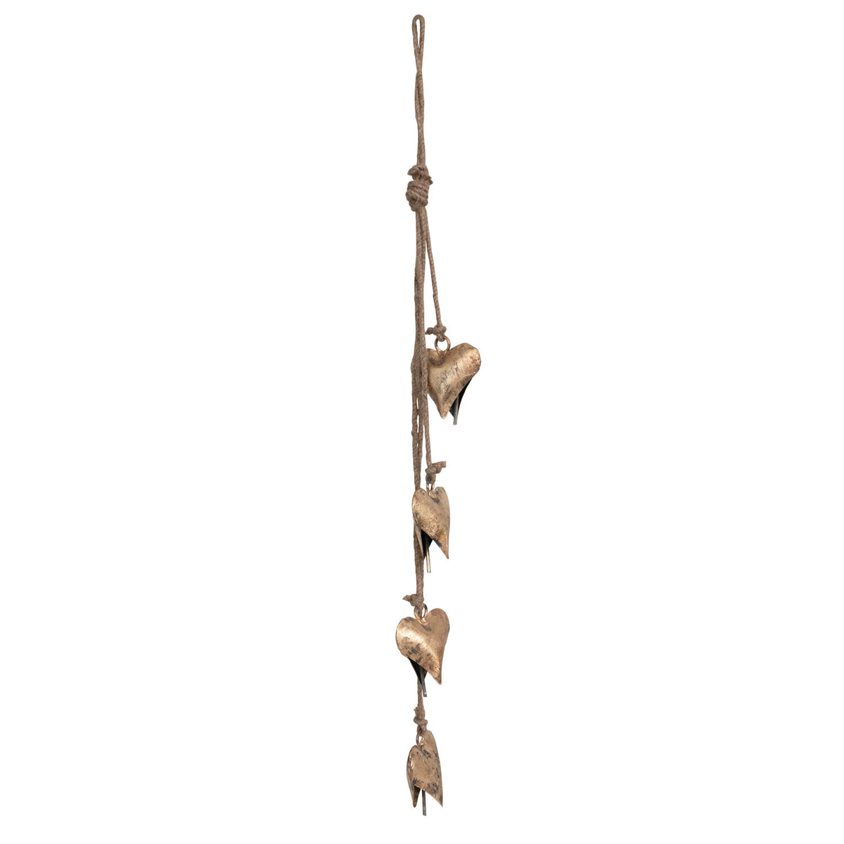 25.75" Metal Hearts on Jute Rope – Antique Brass Finish