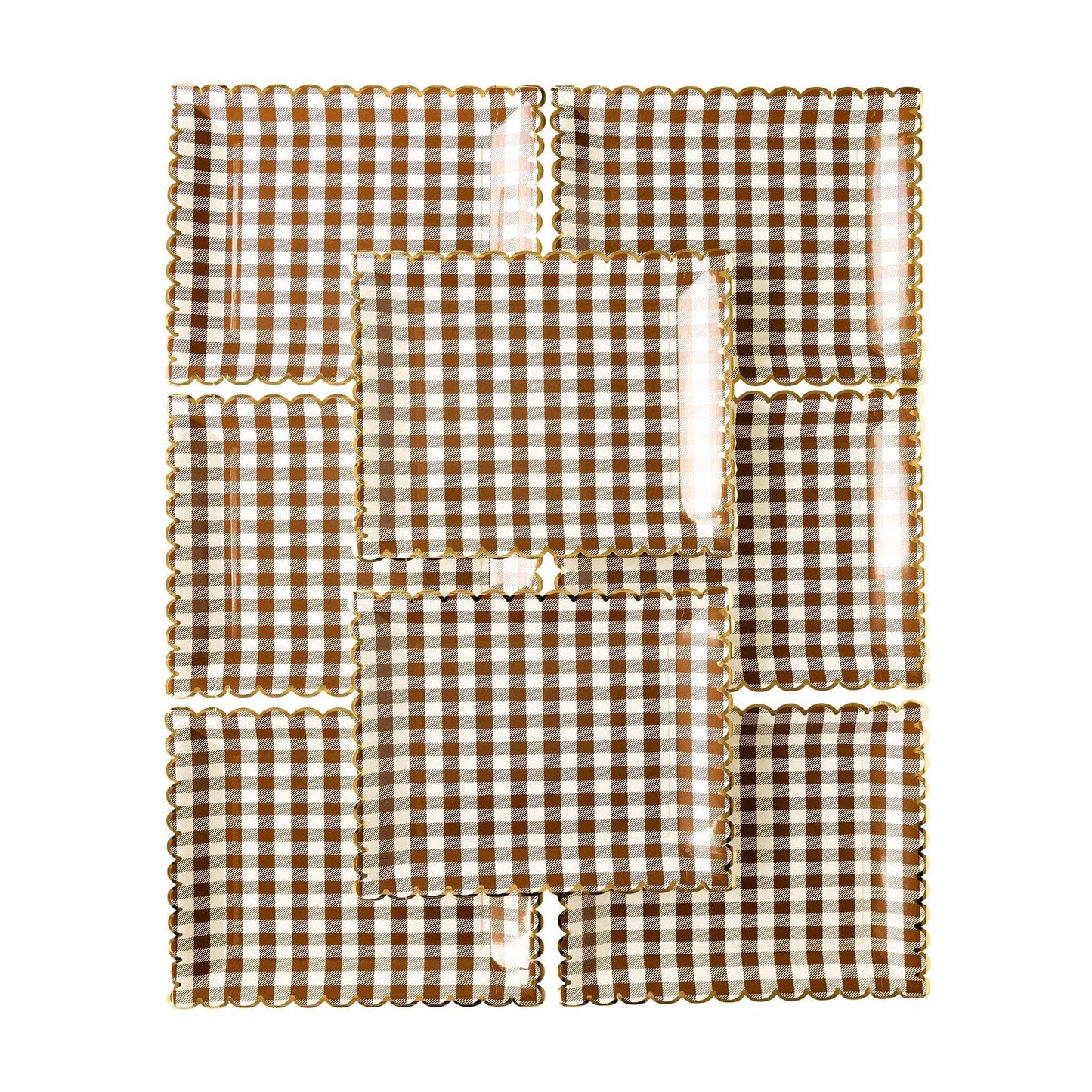 Brown and white checkered plates with scalloped edges on a white background