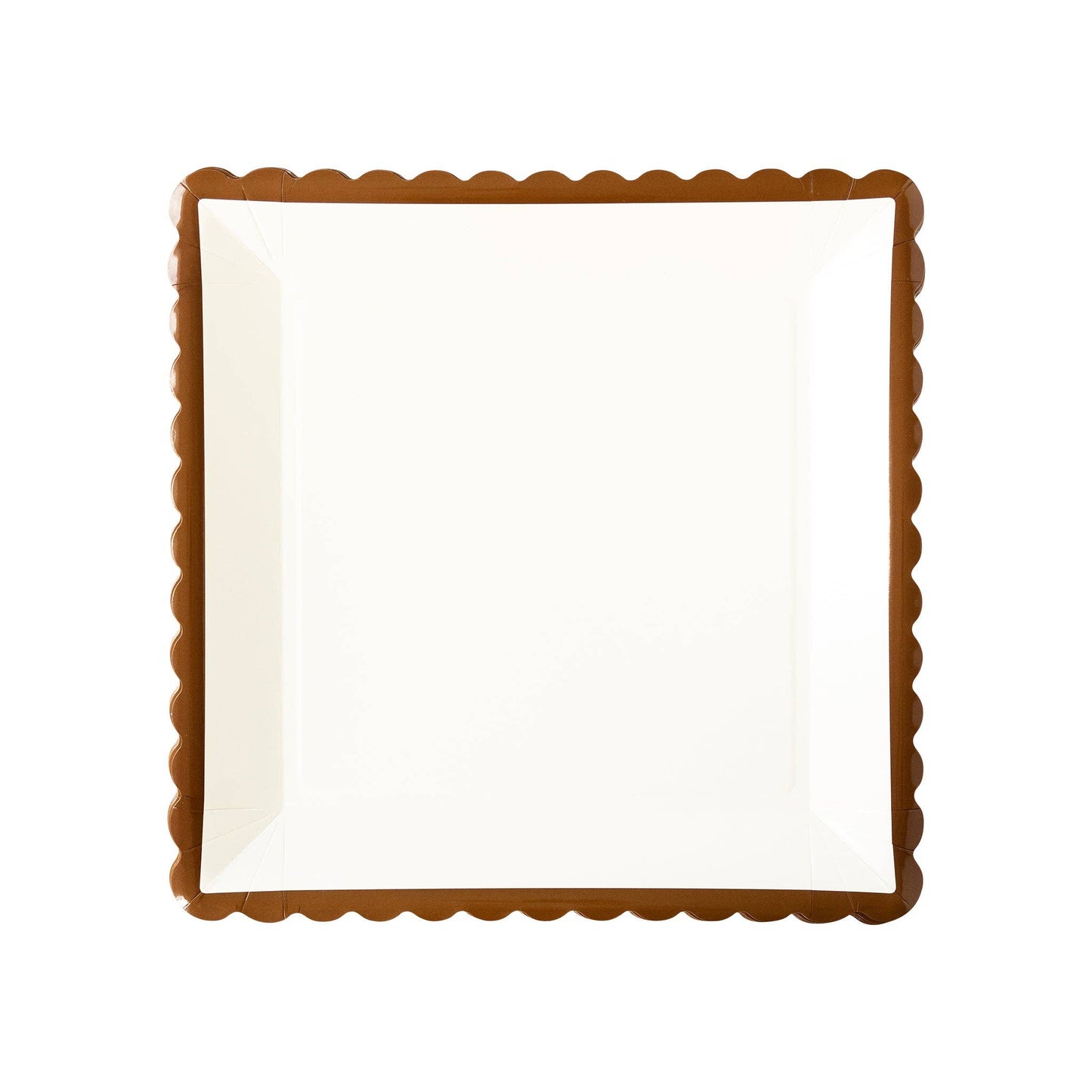 Rectangular white plate with a brown scalloped edge on a white background