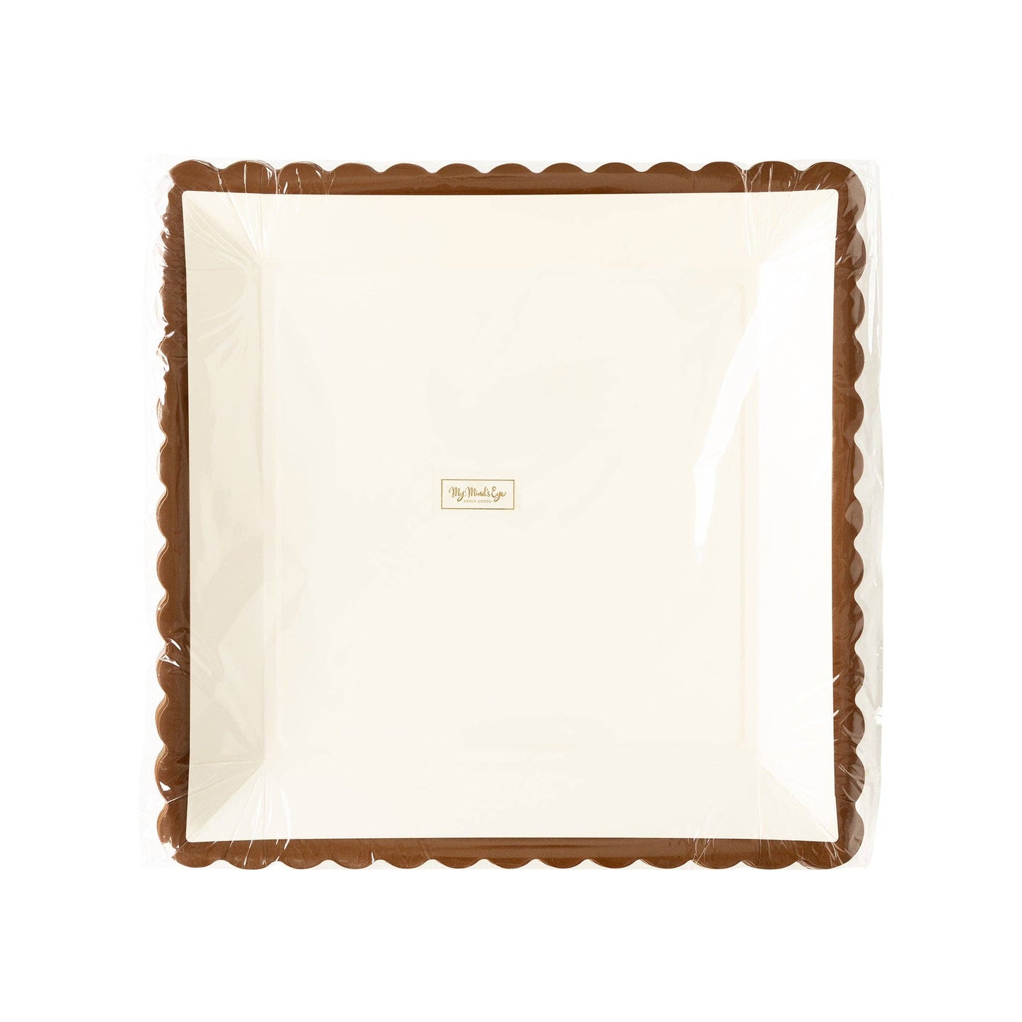 Rectangular tray with scalloped edge and brown border on a white background