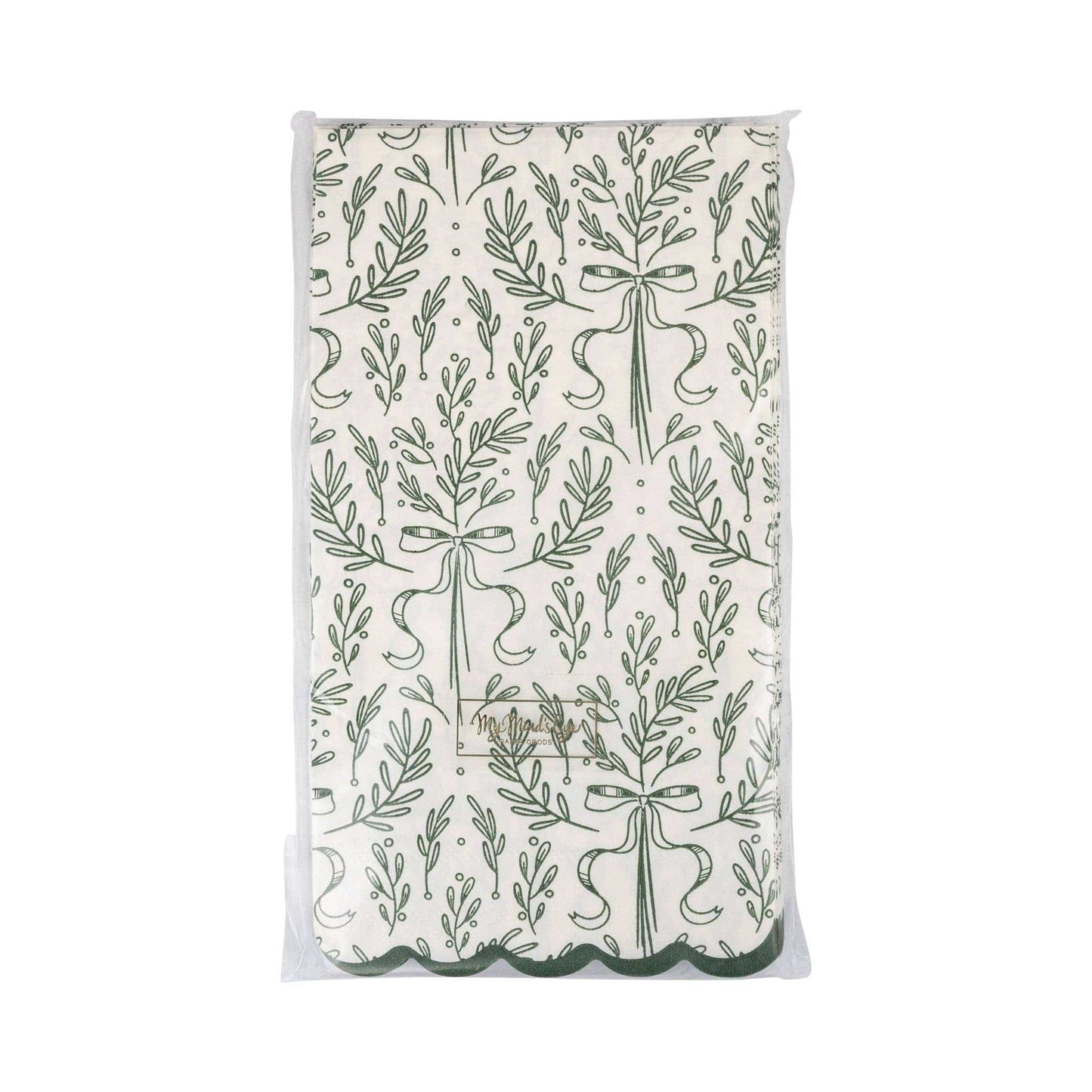 Patterned towel with green leaves and ribbons on a white background