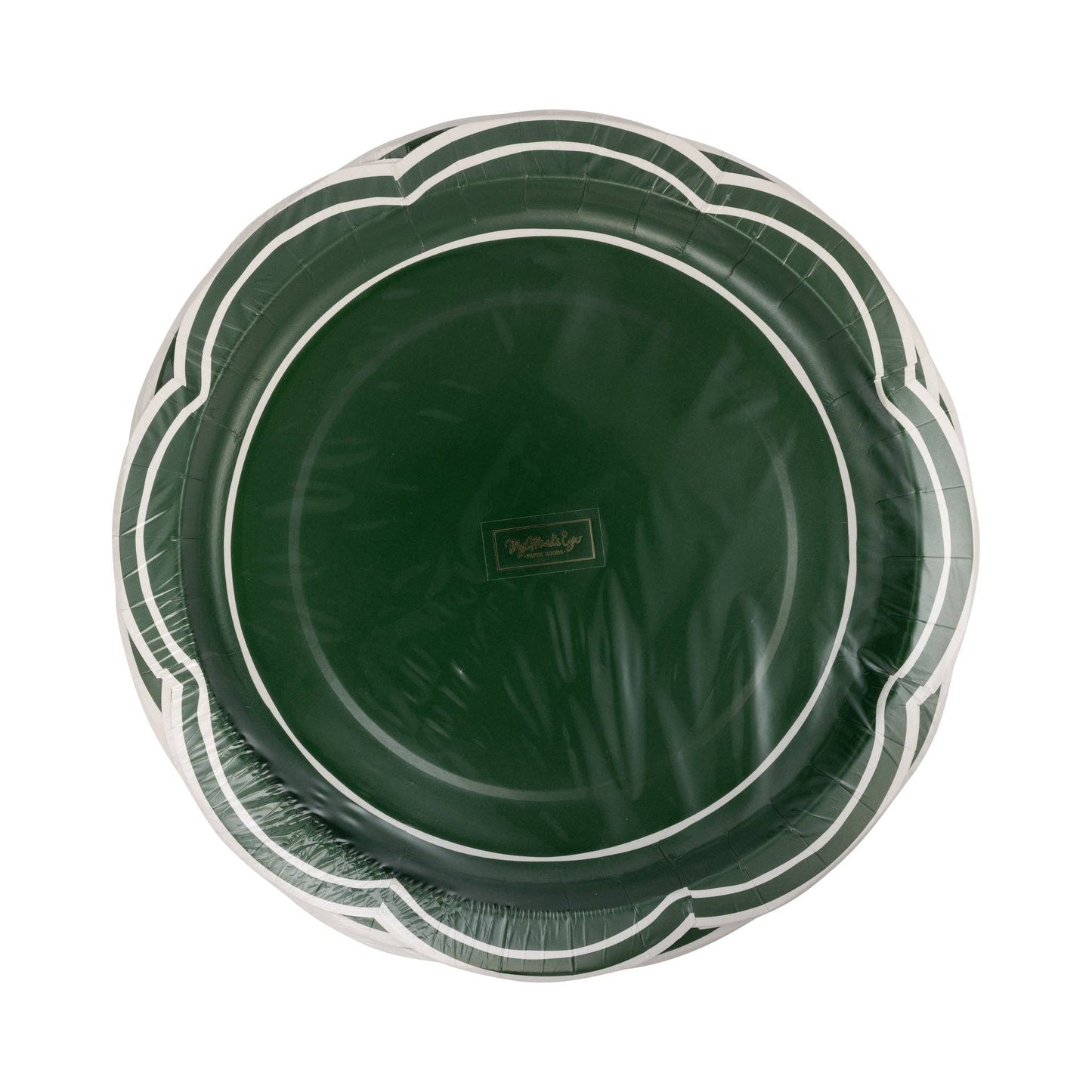 Green plastic plate with decorative rim on a white background