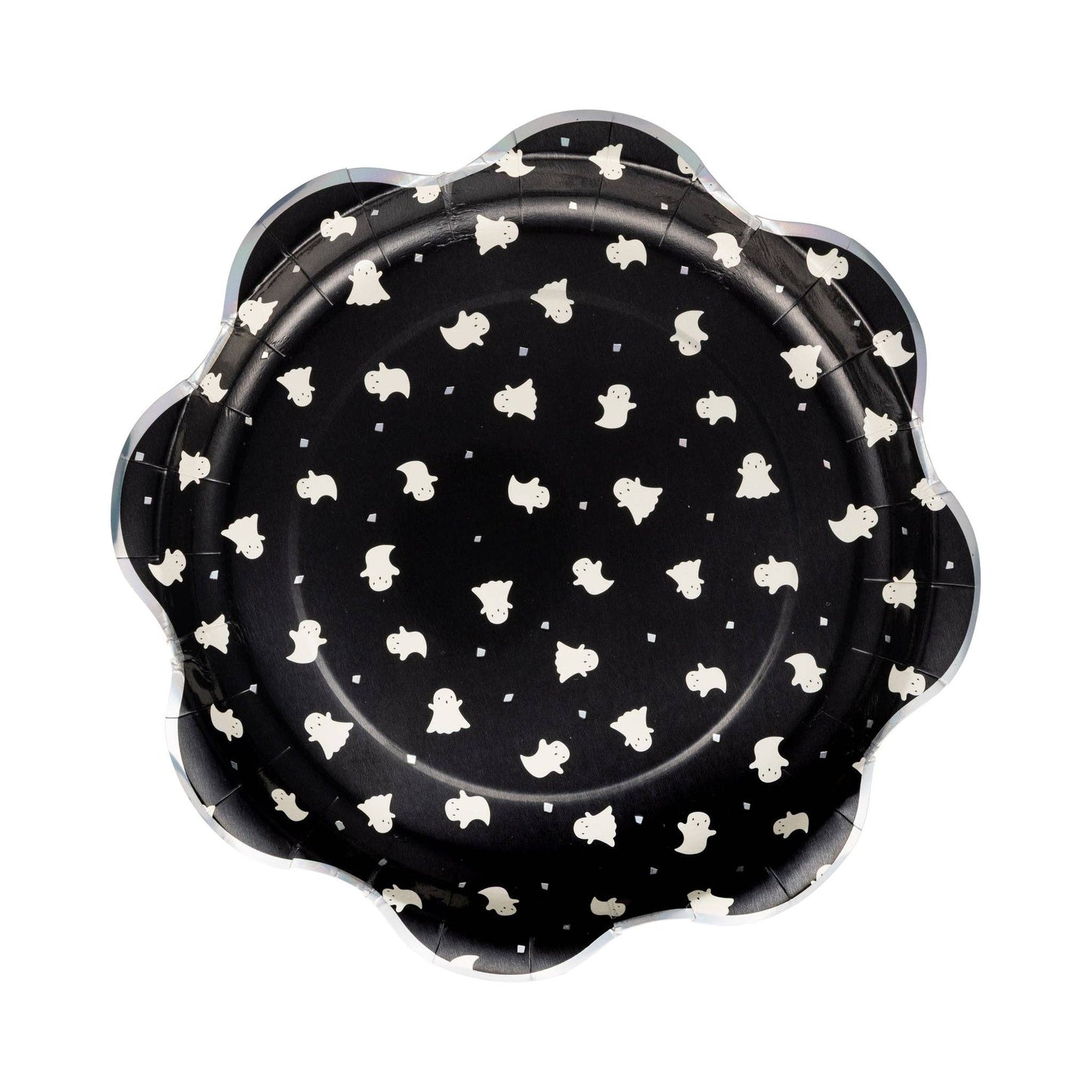 Black paper plates with white ghost pattern on a white background