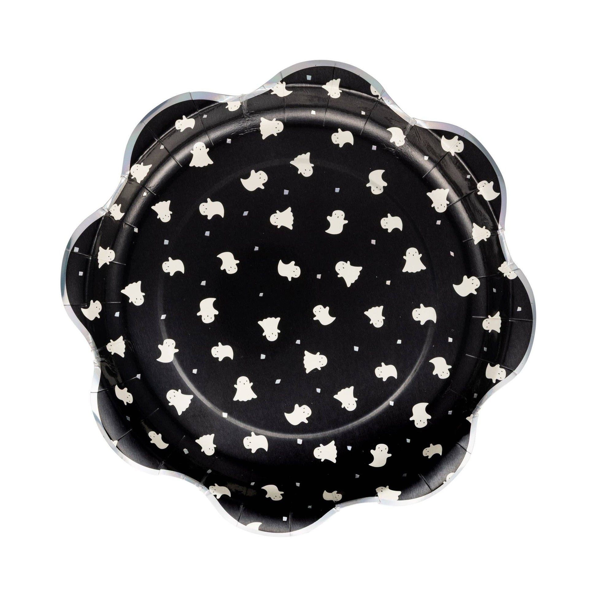 Black paper plates with white ghost pattern on a white background