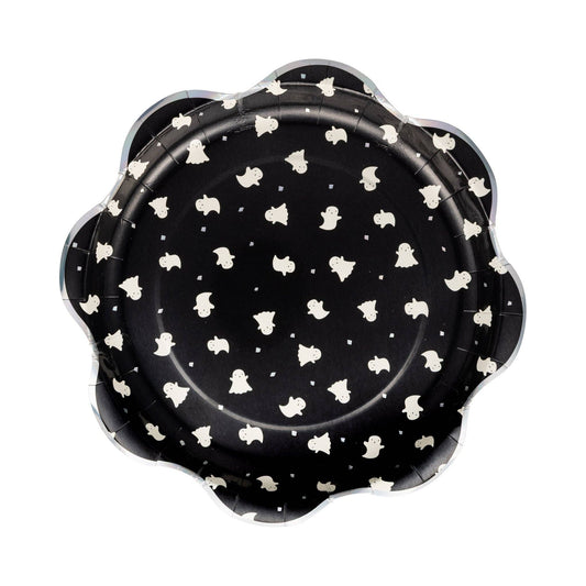 Black paper plates with white ghost pattern on a white background