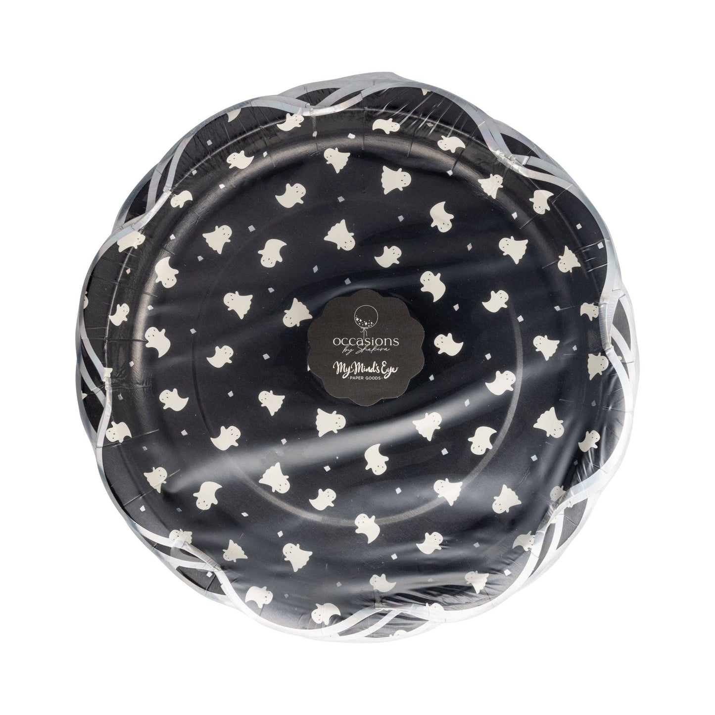 Black plate with white ghost pattern and 'Occasions' branding on a white background