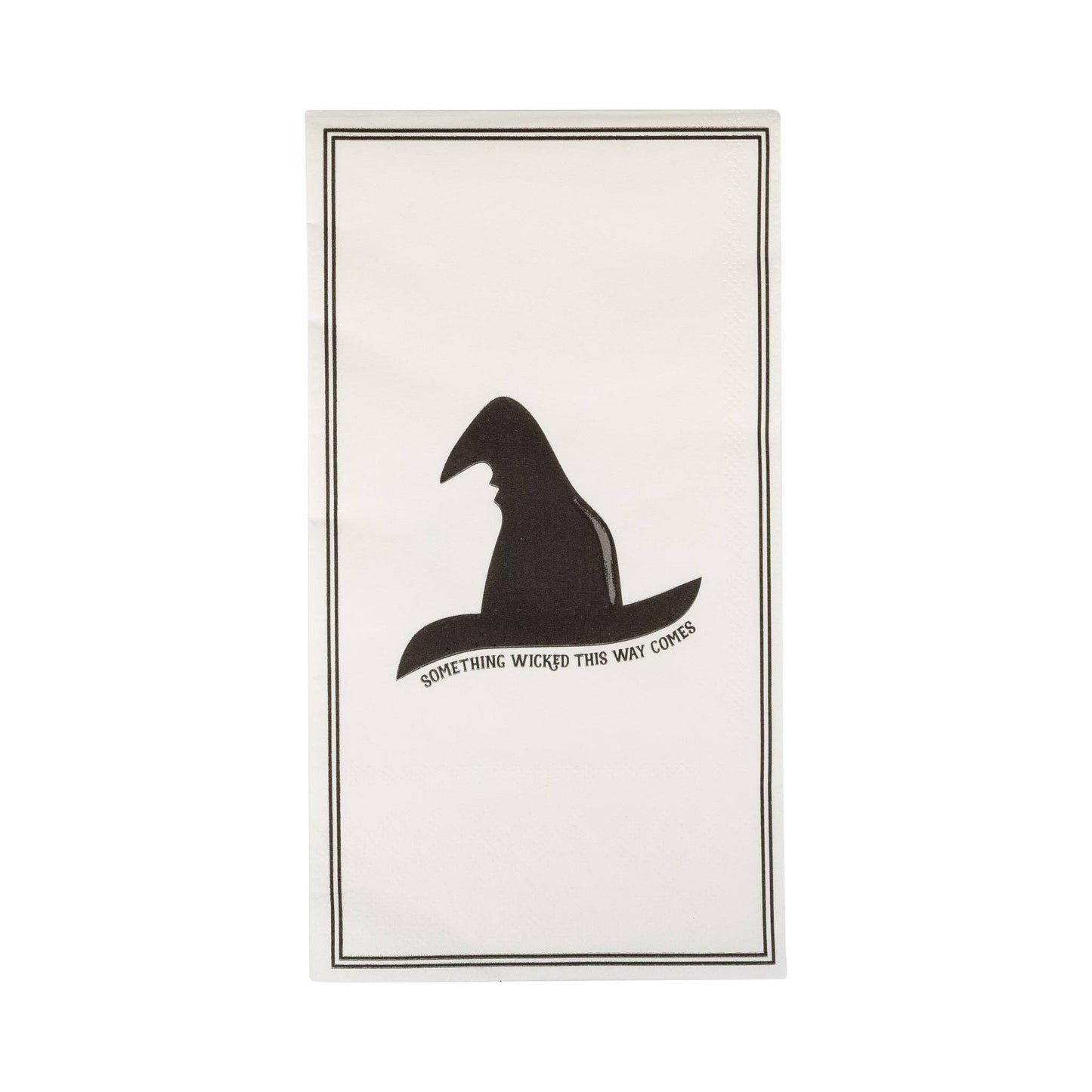 Black witch hat silhouette napkin with text on a white background