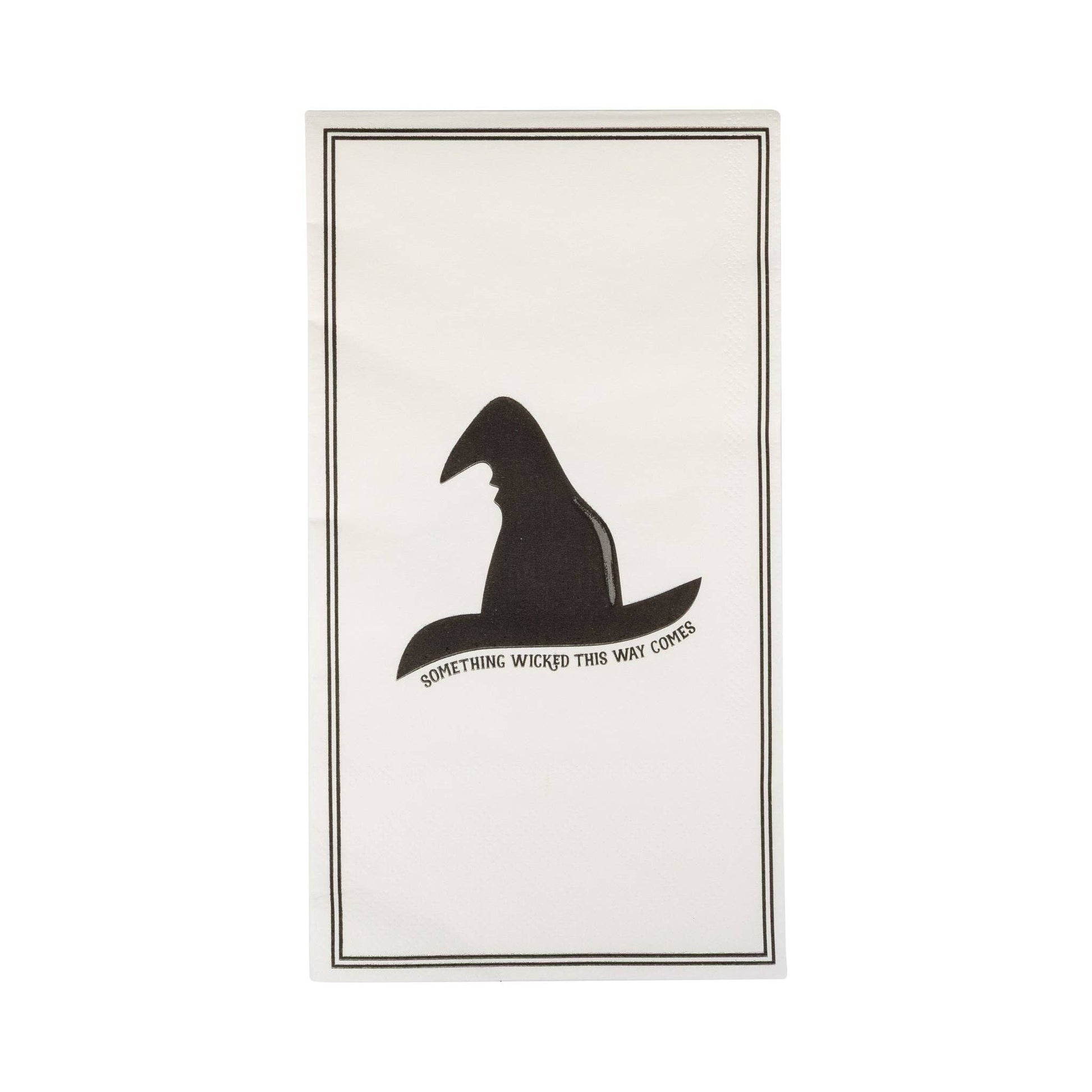 Black witch hat silhouette napkin with text on a white background
