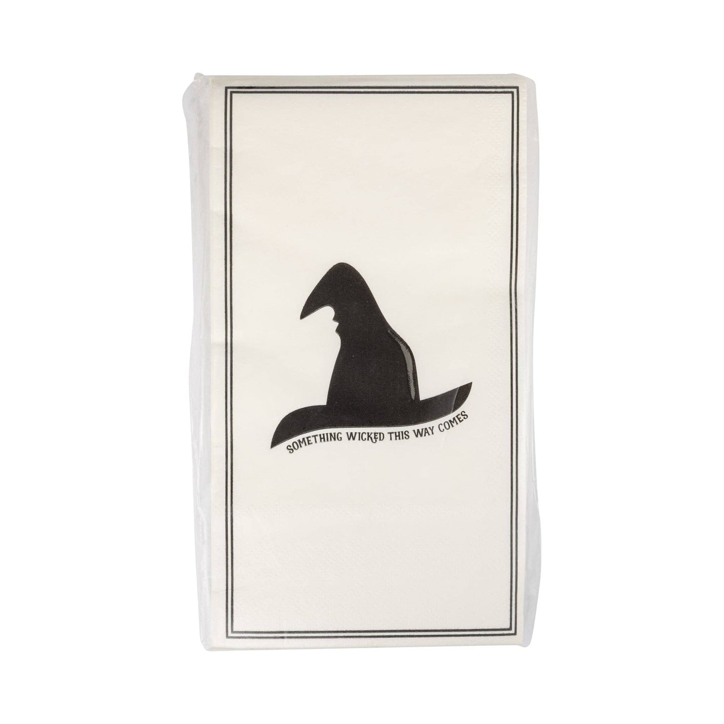 napkins with a black witch hat design and text on a white background