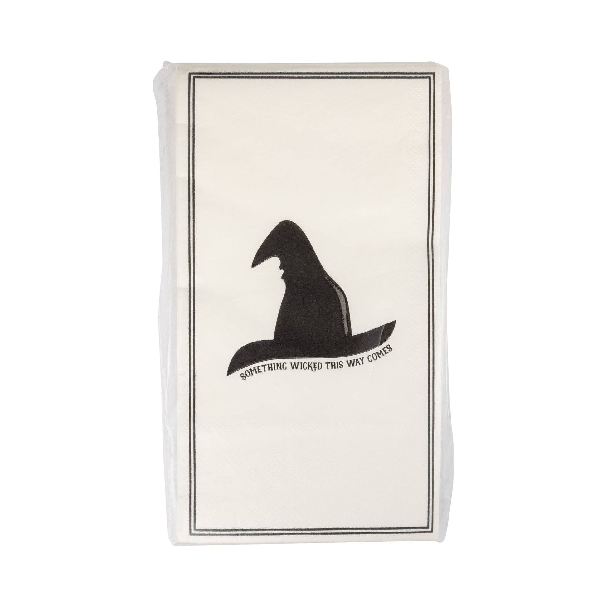 napkins with a black witch hat design and text on a white background