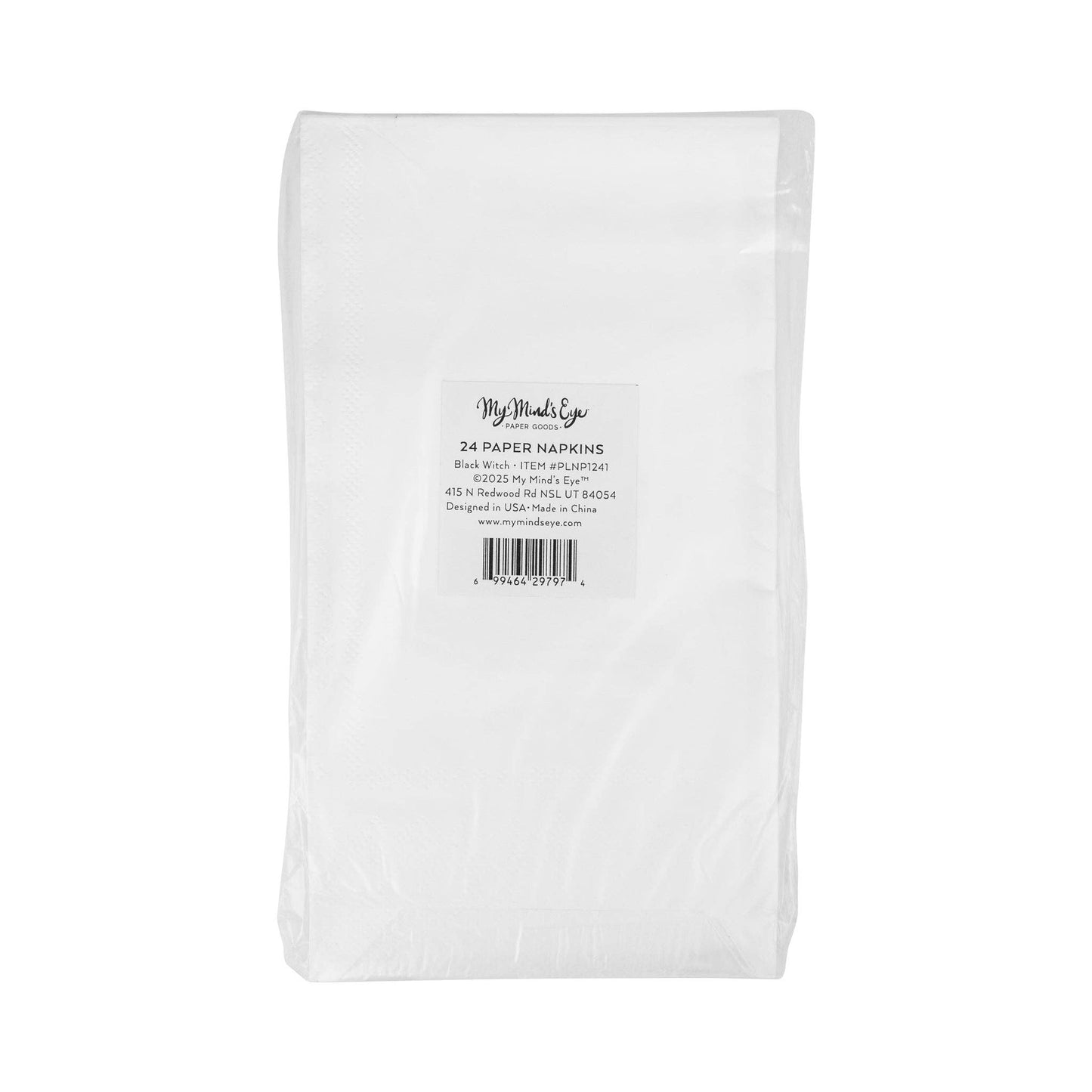 White paper napkins in a package with branding and text on a white background