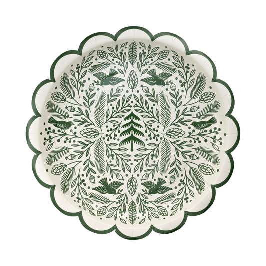 Decorative plate with green leaf and bird pattern on a white background