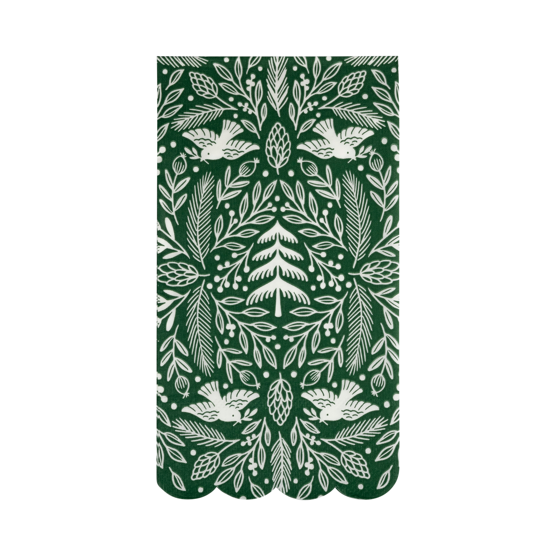Notebook with a green cover featuring white floral and leaf pattern on a white background