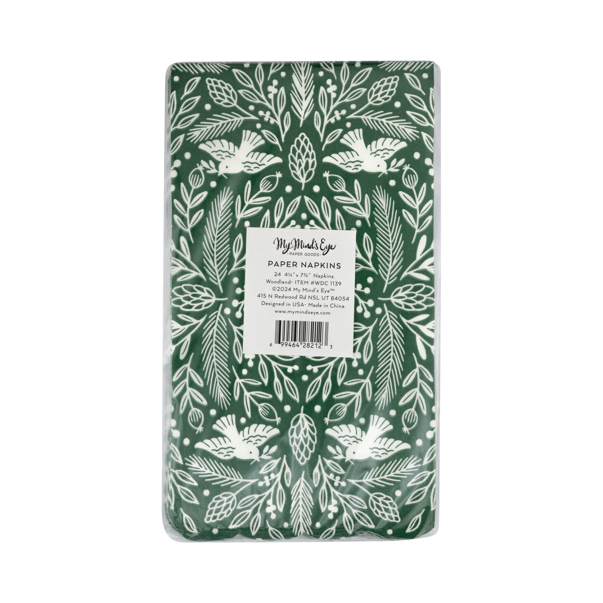 Pack of paper napkins with green and white design on a white background