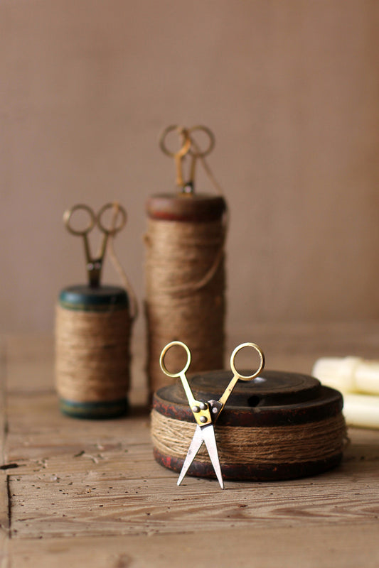 Set of 3 Wooden Spools with Jute Twine and Scissors