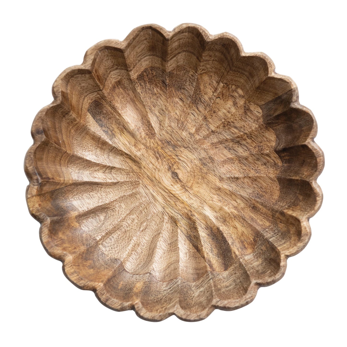 A scalloped edge mango wood bowl with a natural pattern.
