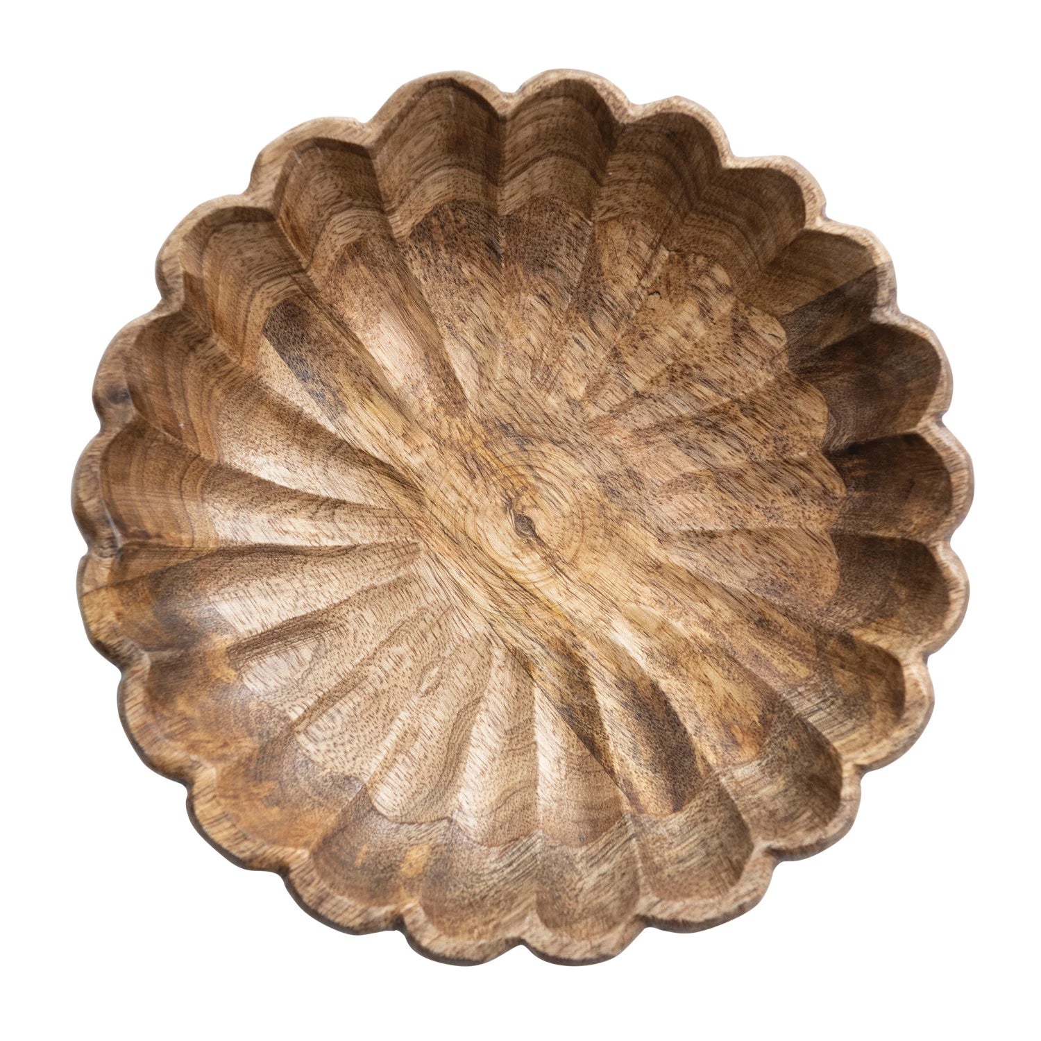 A scalloped edge mango wood bowl with a natural pattern.