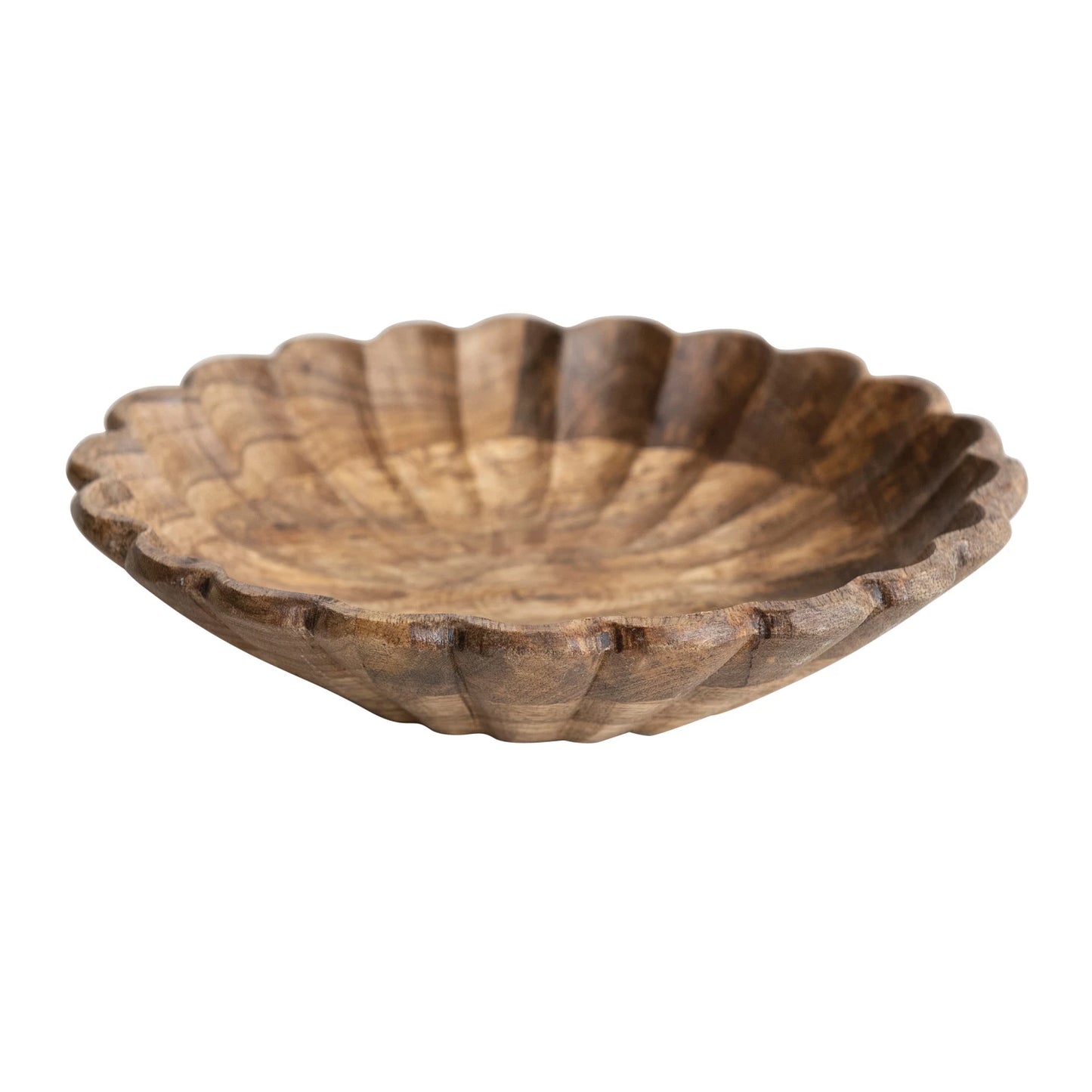A scalloped edge mango wood bowl with a natural pattern.