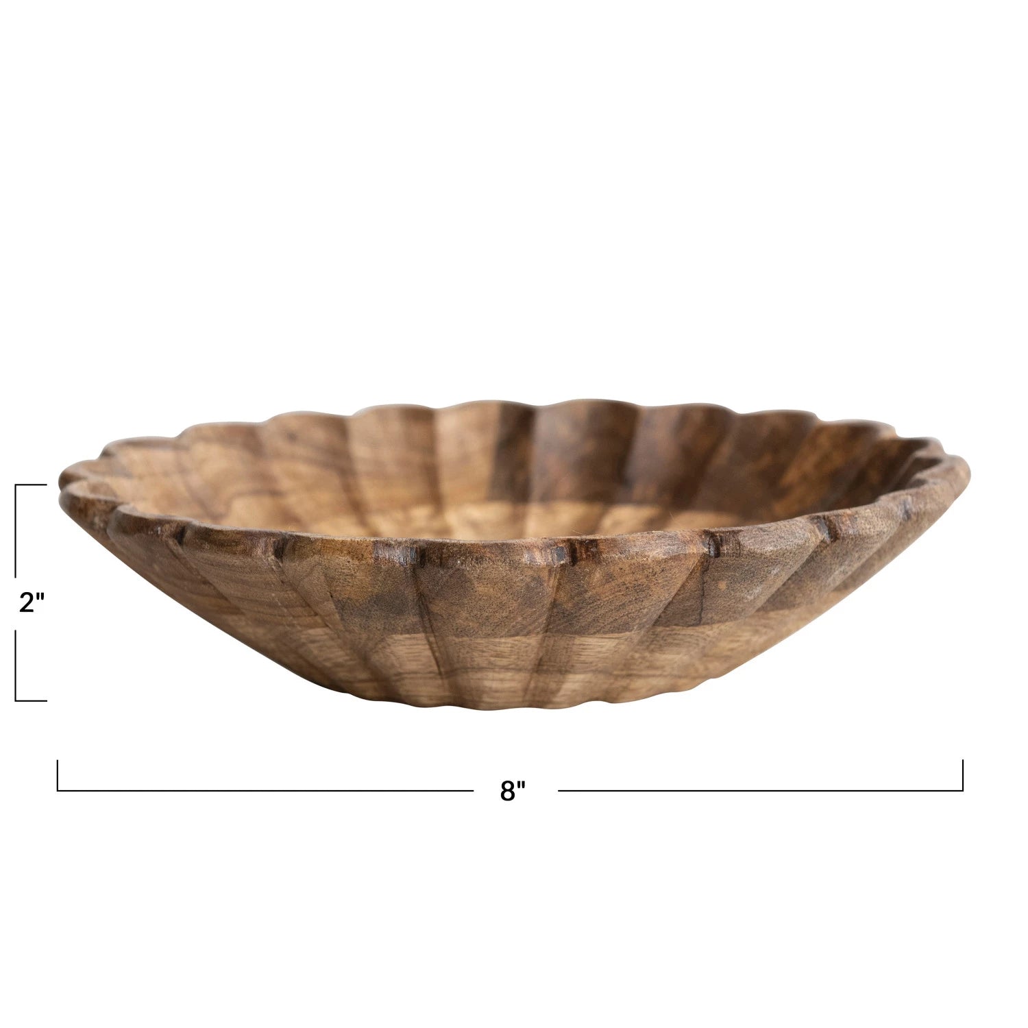 A scalloped edge mango wood bowl with a natural pattern showing dimensions.