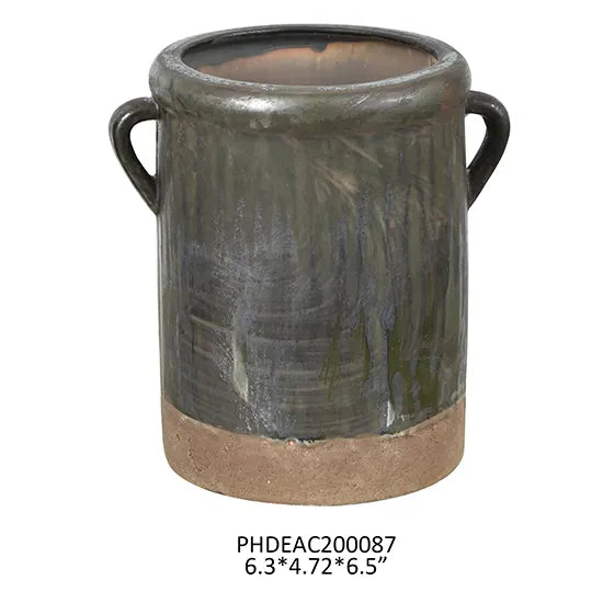 Aged Olive Dripped Glazed Pottery Crock Small