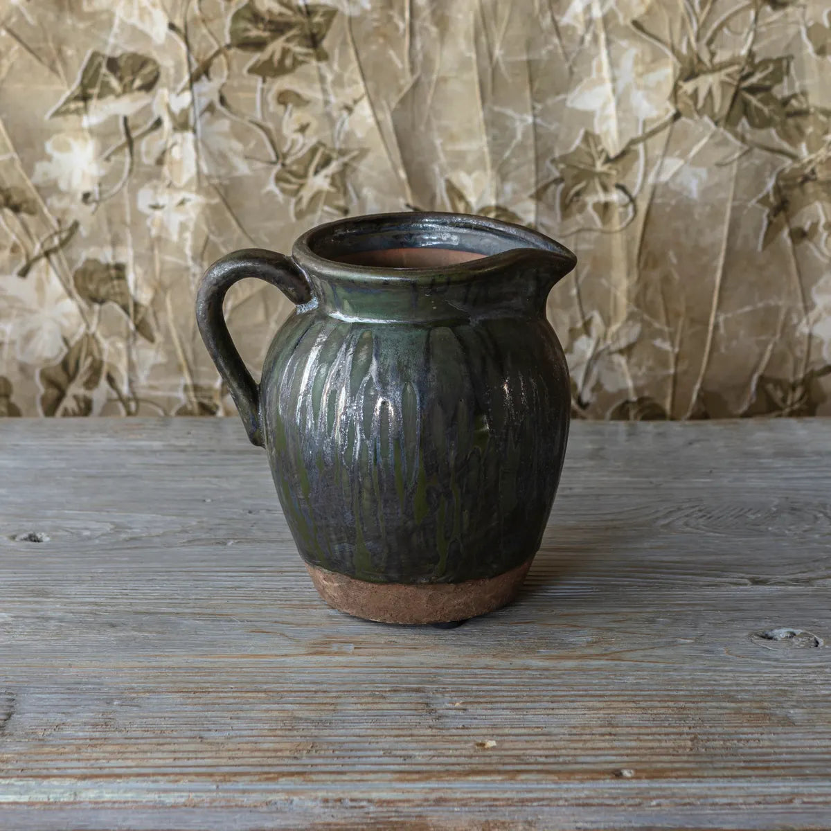 AGED OLIVE DRIPPED GLAZED POTTERY FLOWER PITCHER VASE SMALL