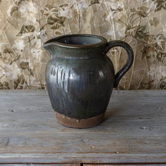 AGED OLIVE DRIPPED GLAZED POTTERY FLOWER PITCHER VASE LARGE