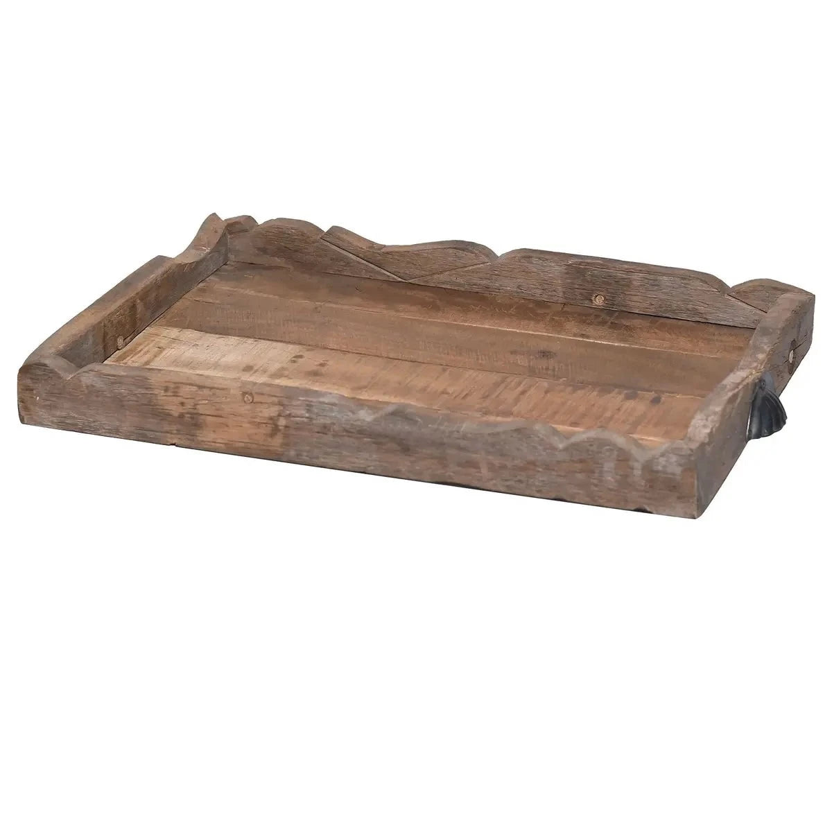 SCALLOPED TRAY OF RUSTIC WOOD WITH IRON HANDLES