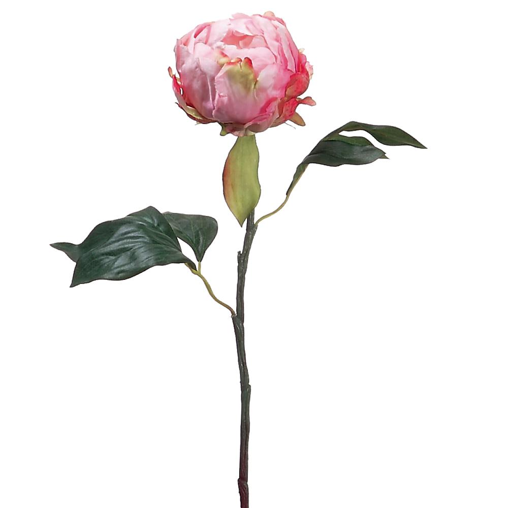 An artificial 18-inch peony bud spray in pink color with green leaves, representing a single flower stem.