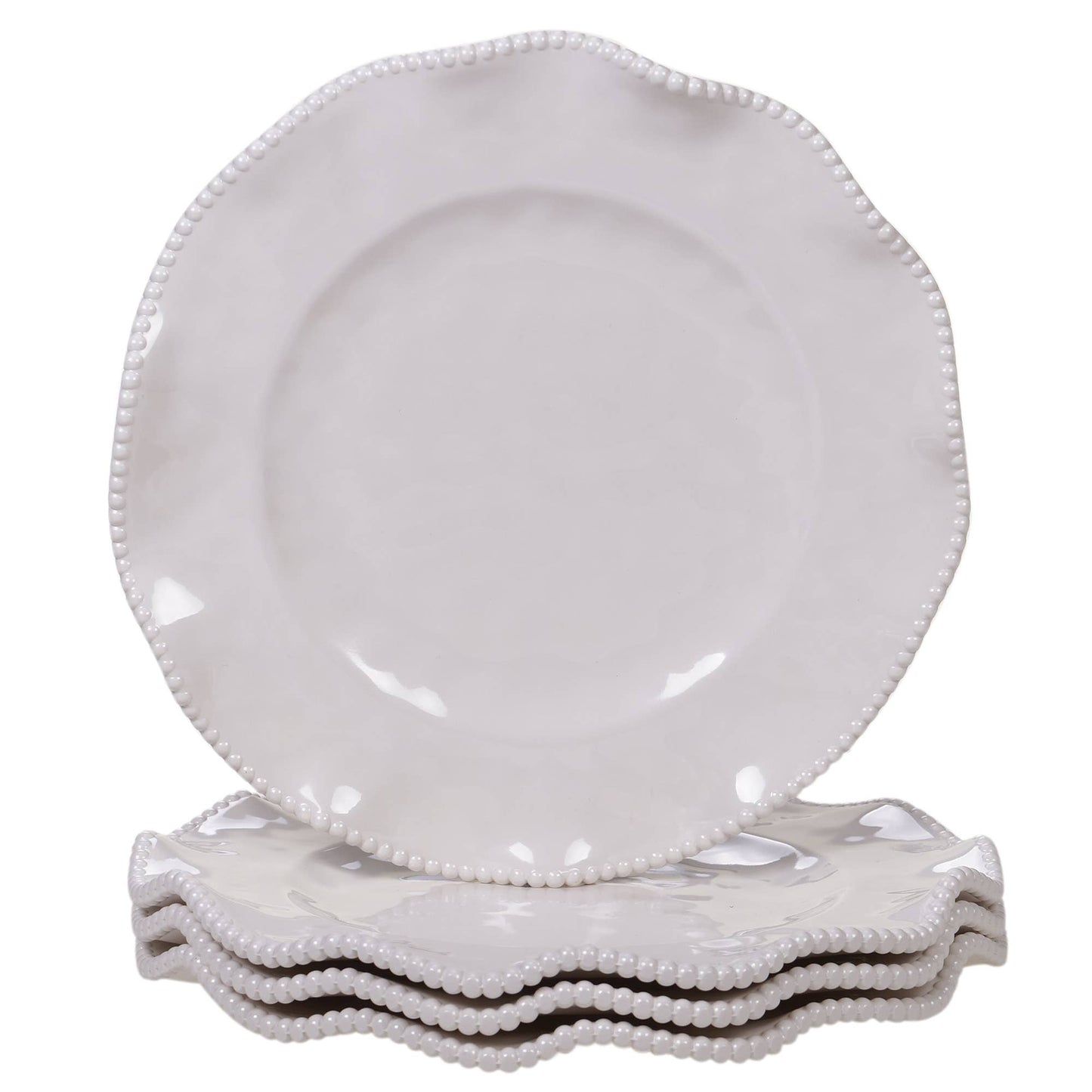 Set of white melamine 11" plates with decorative rim on a white background