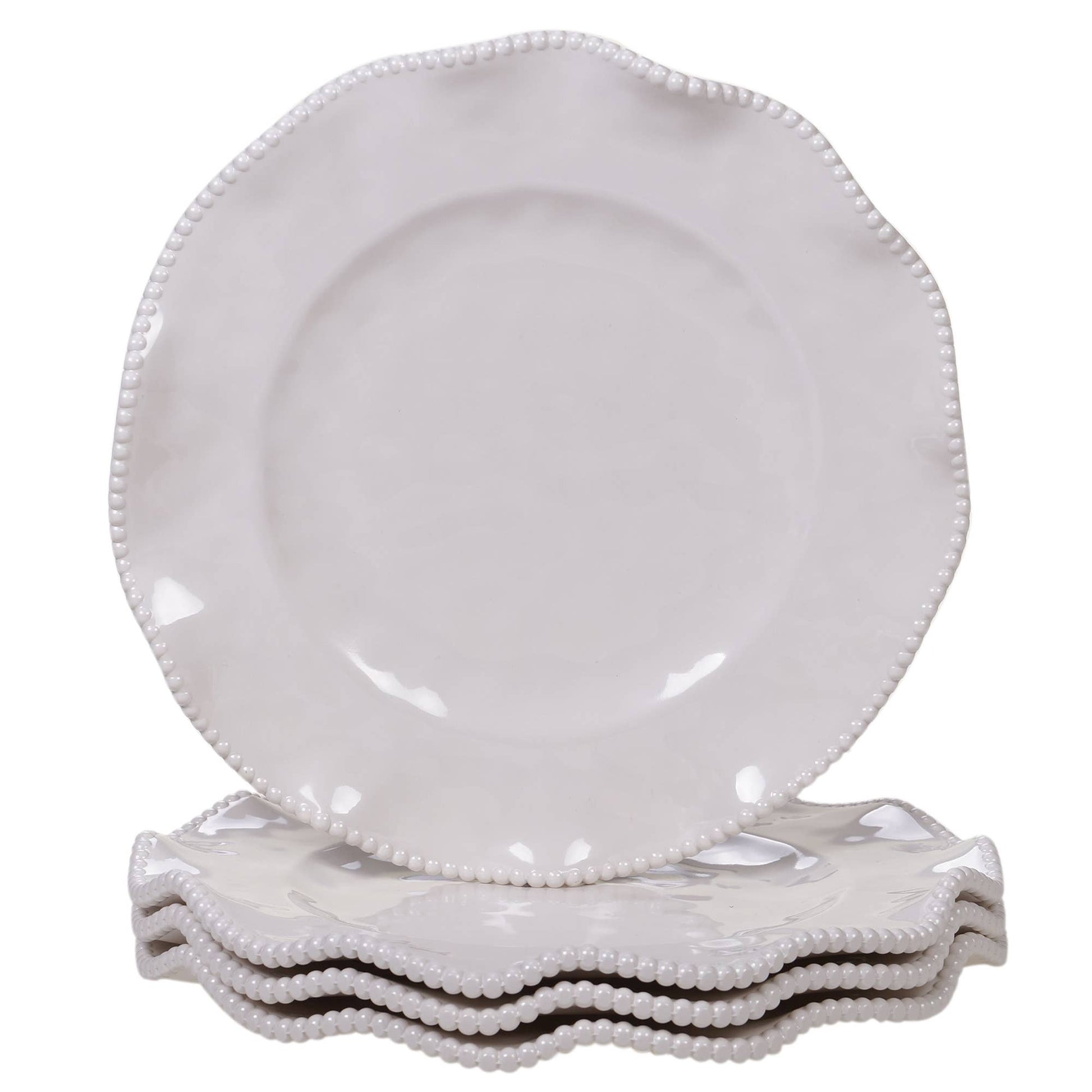 Set of white melamine 11" plates with decorative rim on a white background