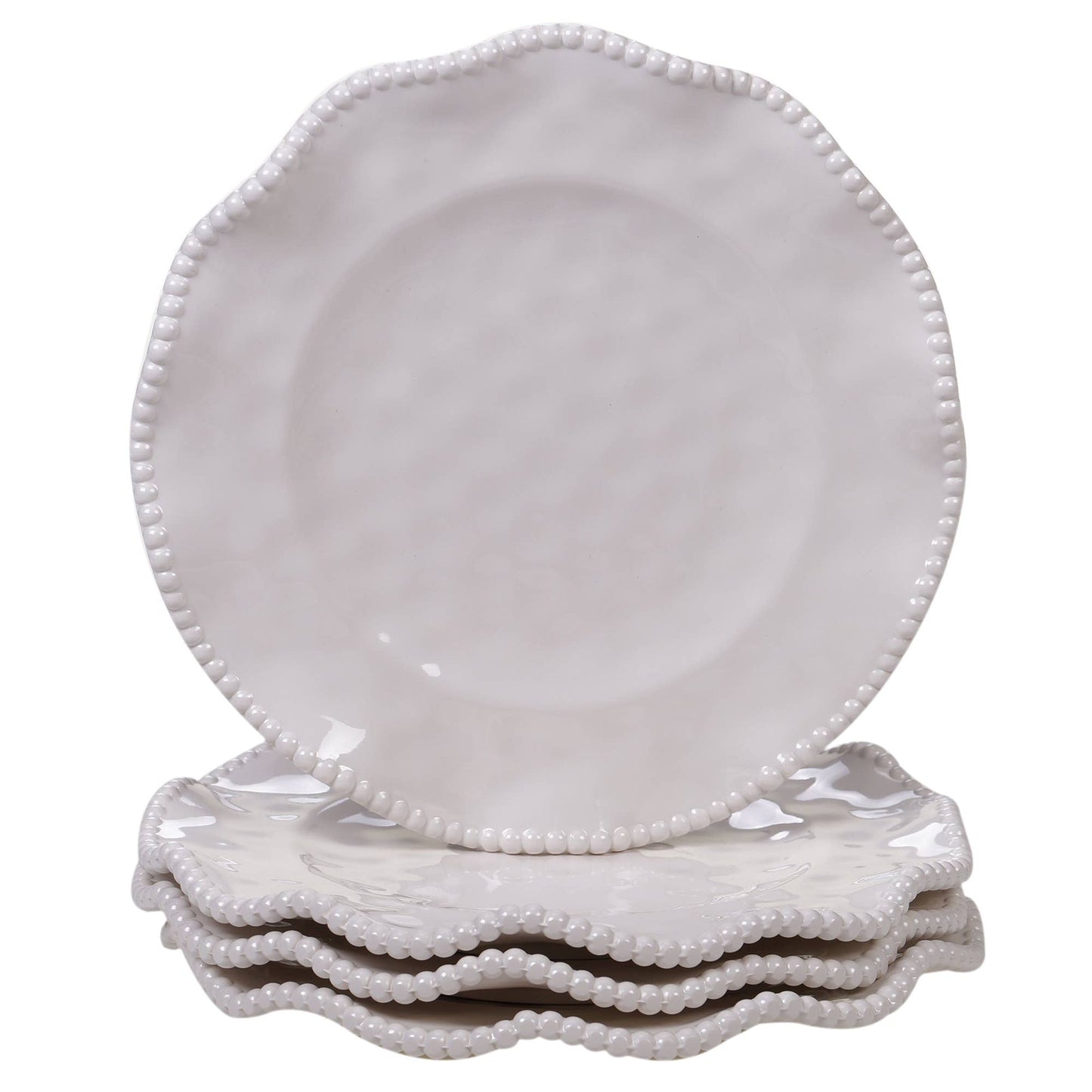Set of white melamine 9" plates with decorative rims on a white background