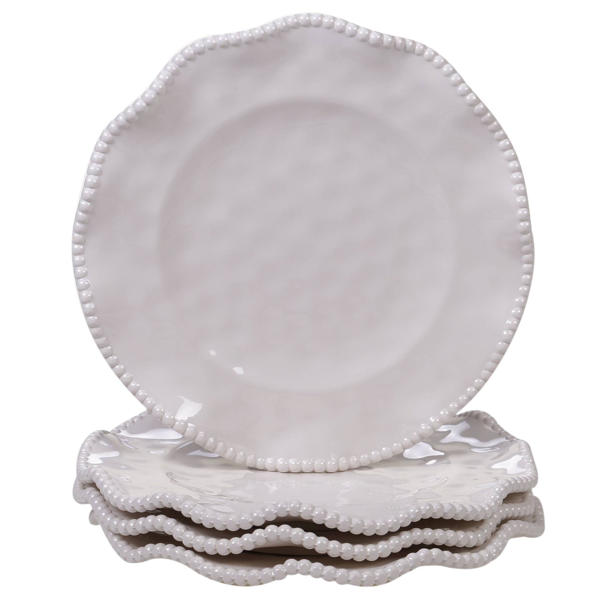 Set of white melamine 9" plates with decorative rims on a white background