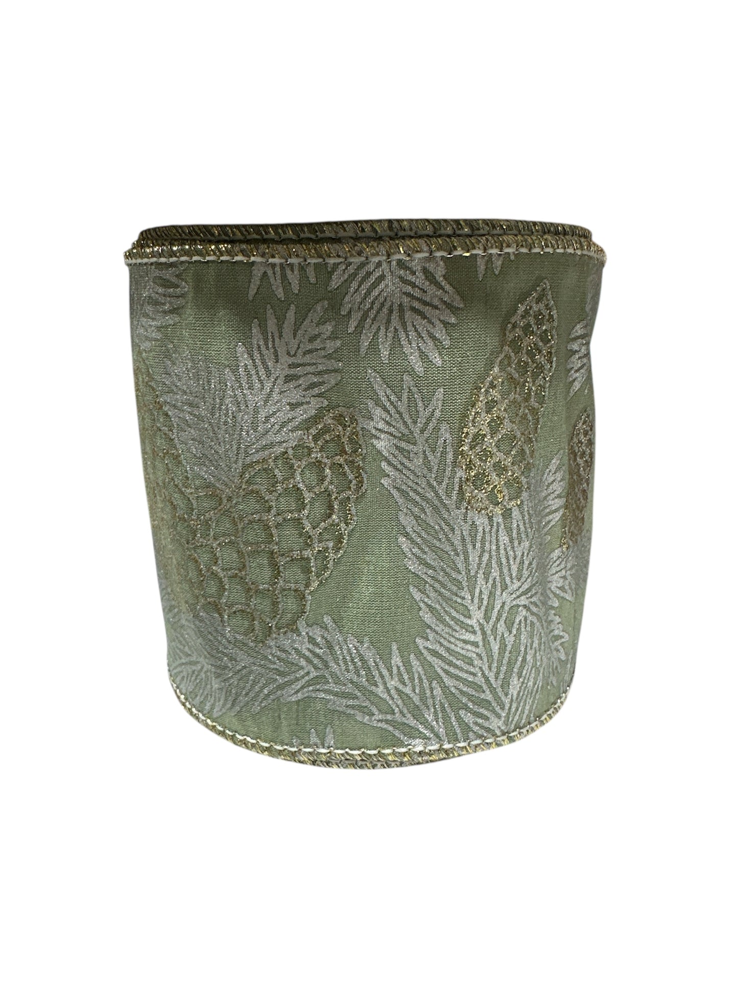4" Green Wired Ribbon with Gold and Silver Pinecones