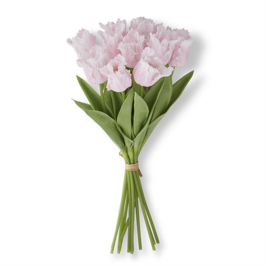 Bouquet of pink tulips with green stems on a white background