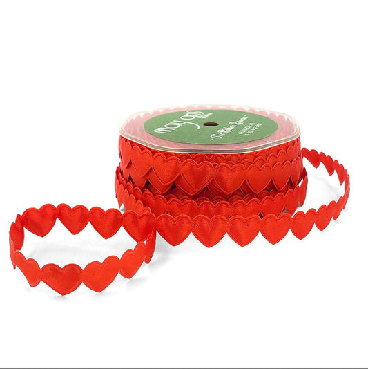 3/4″ Puffy Satin Heart Shape Ribbon with Cut Sealed Edge in Red