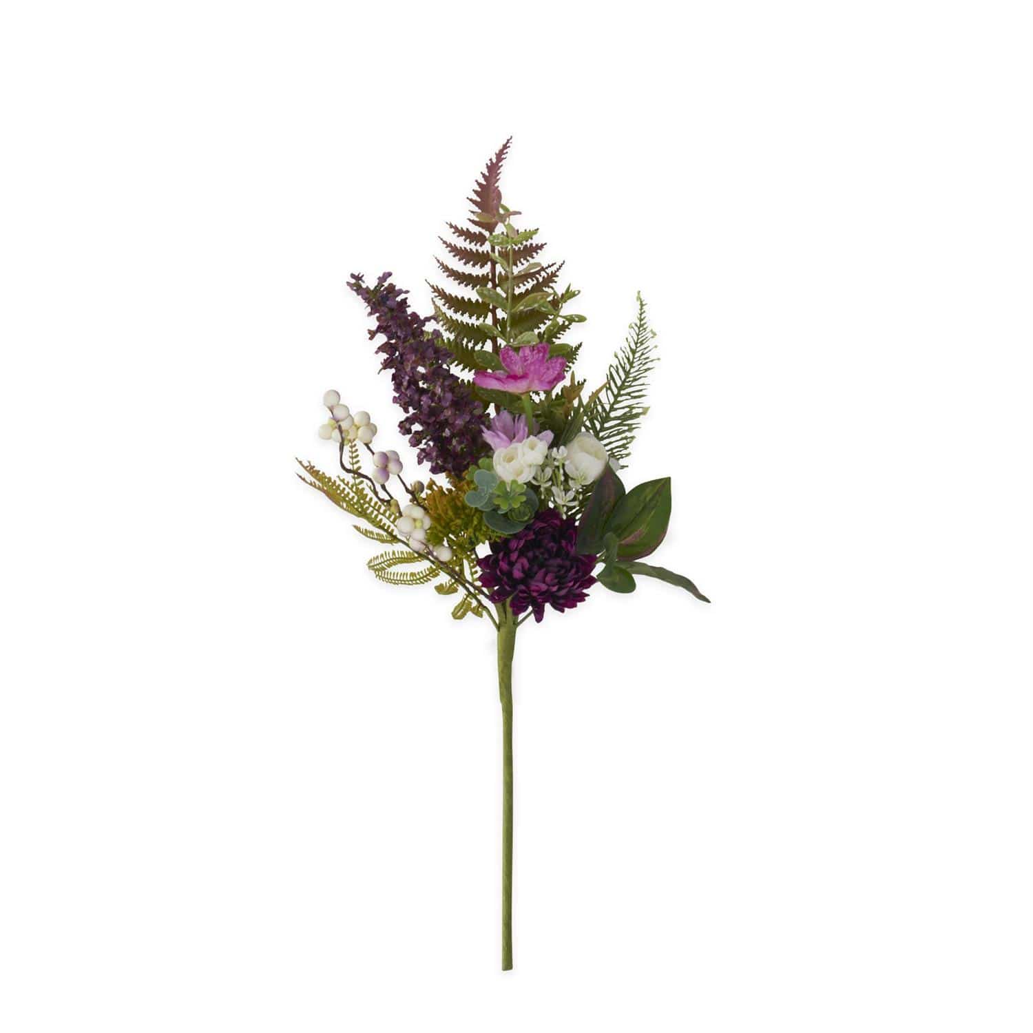 Artificial flower arrangement with purple and green leaves on a white background