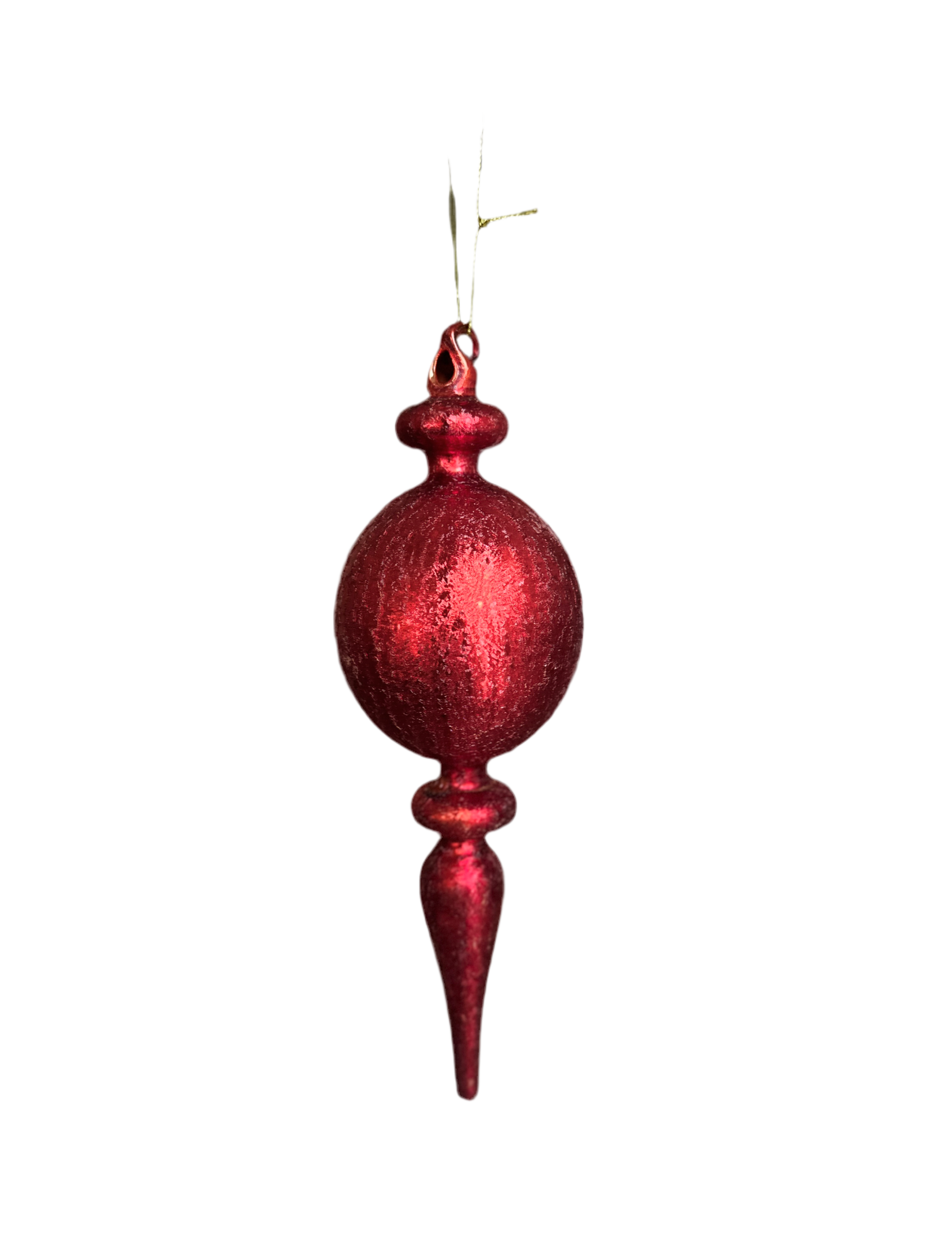 A hand blown glass red finial Christmas ornament with a textured surface, hanging from a ribbon.