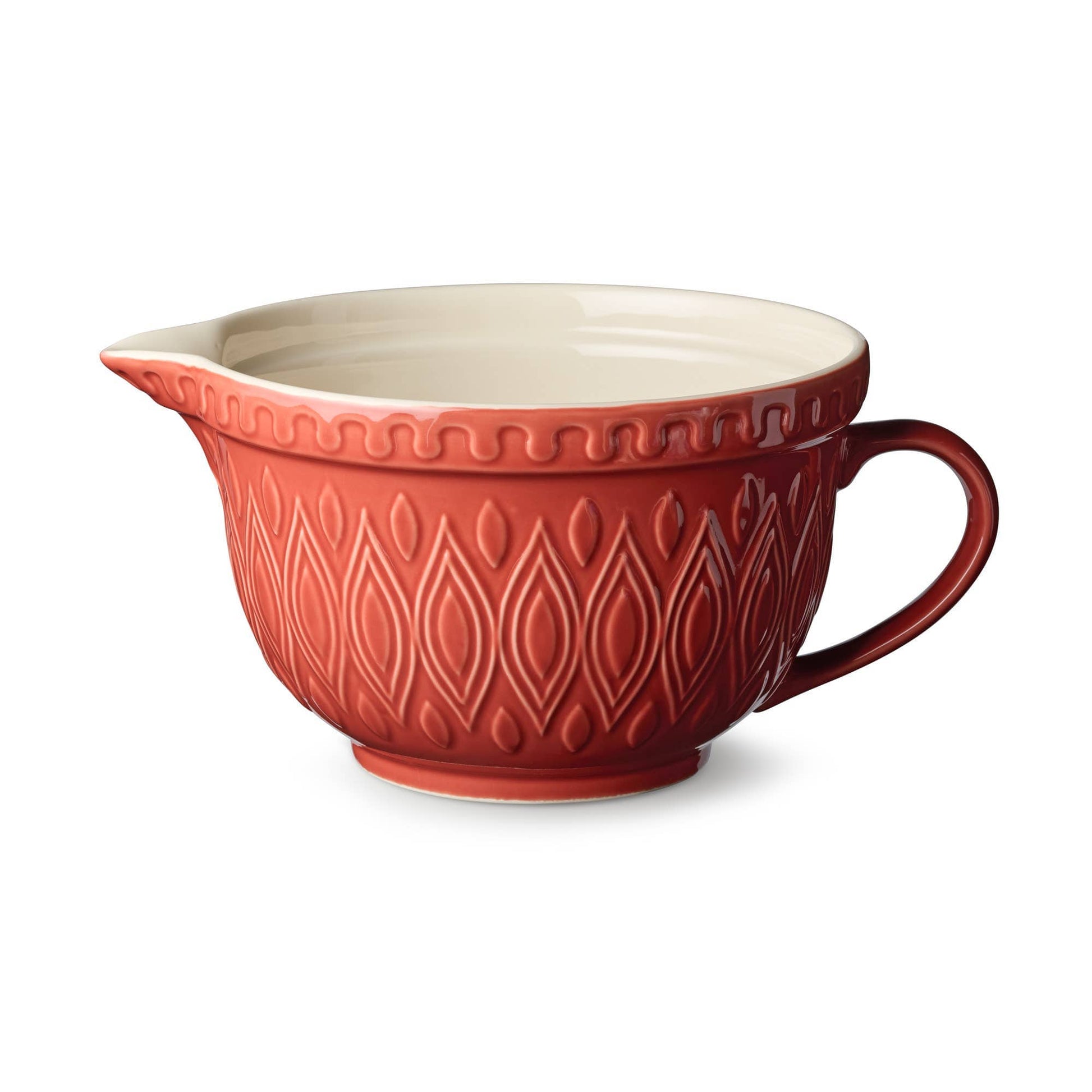 Red ceramic 2.5 quart mixing bowl with decorative patterns on a white background