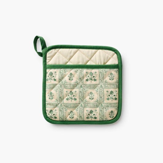 Quilted pot holder with green border and floral pattern on a white background Rifle Paper Co. Artichoke Quilted Pot Holder