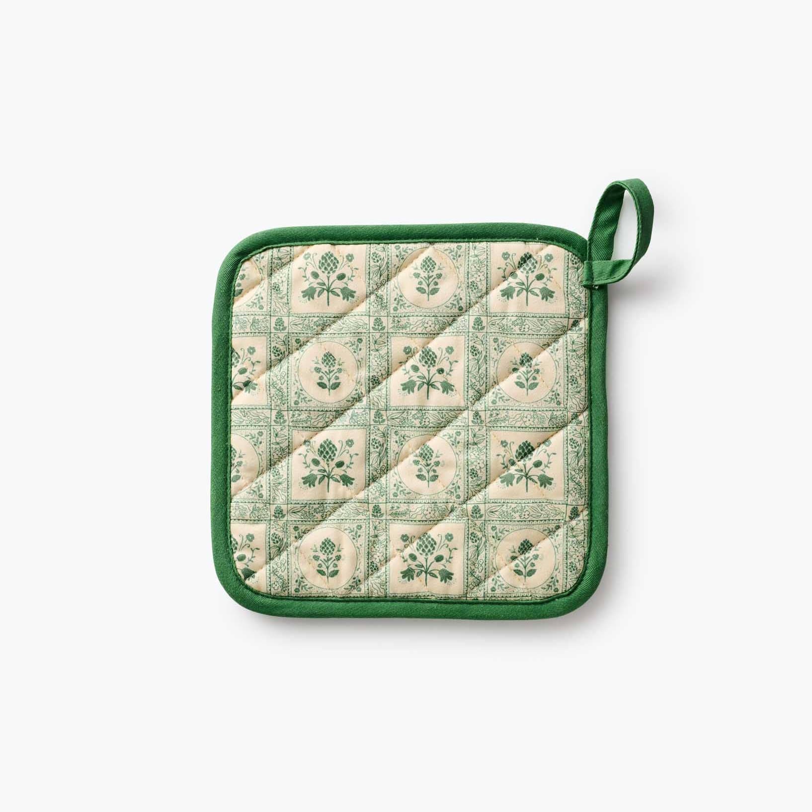 Quilted pot holder with green and beige pattern on a white background Rifle Paper Co. Artichoke Quilted Pot Holder