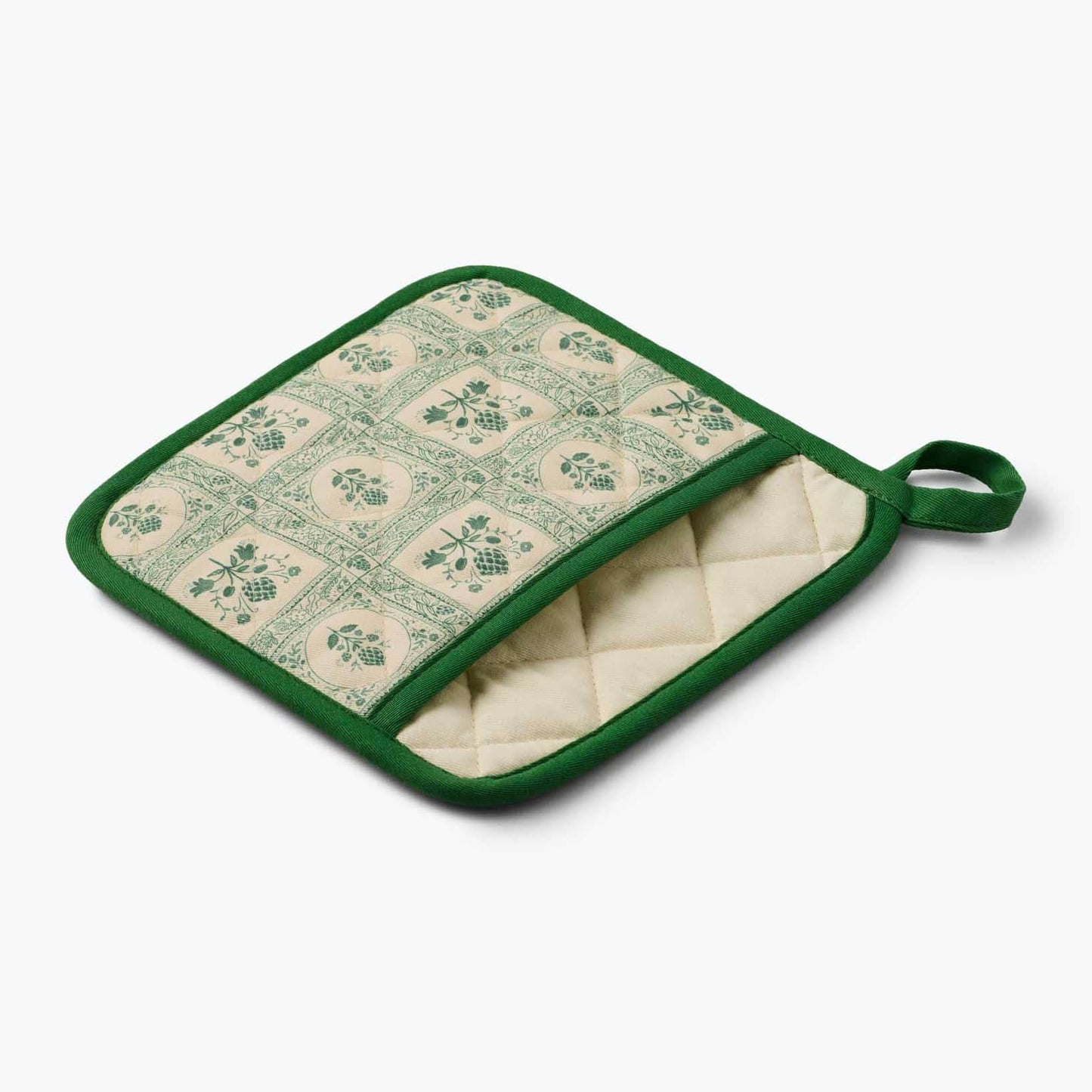 Green pot holder with patterned design on a white background Rifle Paper Co. Artichoke Quilted Pot Holder