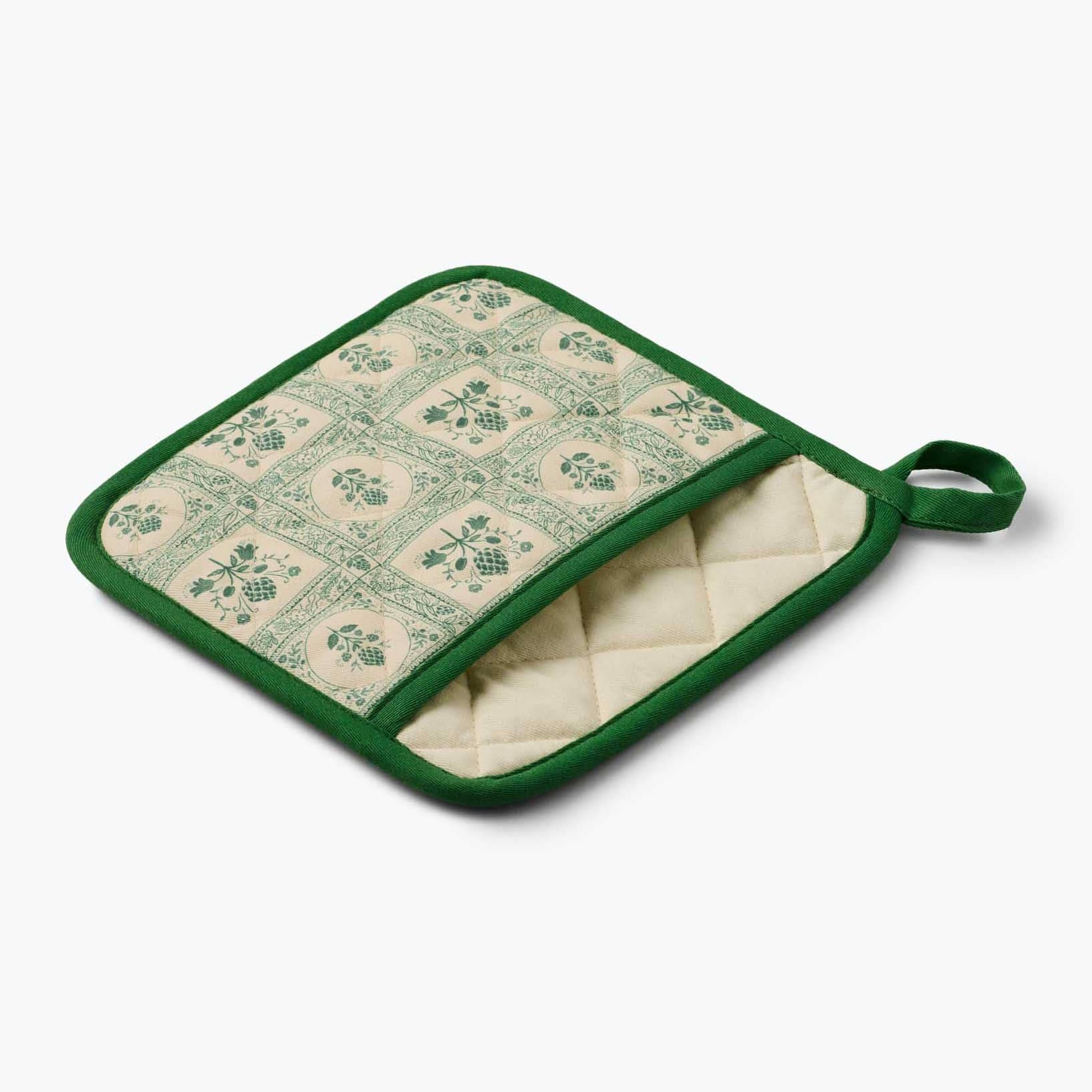 Green pot holder with patterned design on a white background Rifle Paper Co. Artichoke Quilted Pot Holder