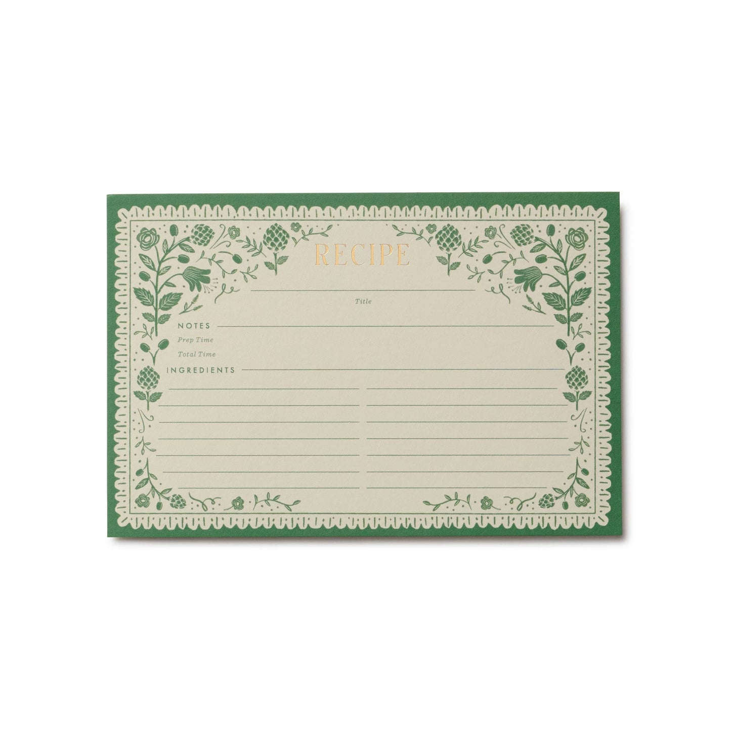 Recipe card with green floral border on a white background Rifle Paper Co. Artichoke Recipe Cards – Set of 12