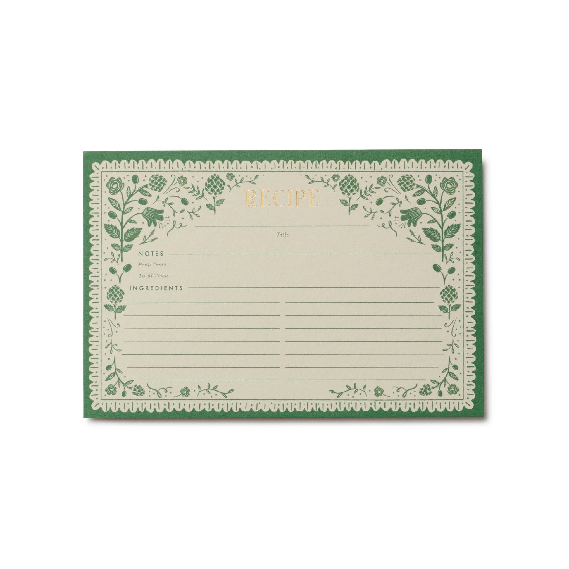 Recipe card with green floral border on a white background Rifle Paper Co. Artichoke Recipe Cards – Set of 12