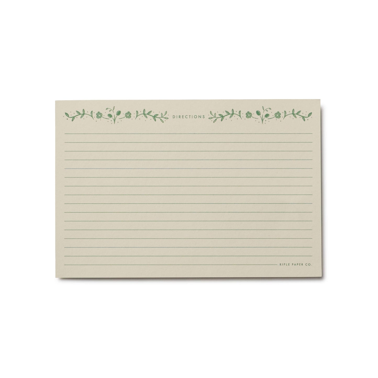 Note card with green floral design and text on a white background Rifle Paper Co. Artichoke Recipe Cards – Set of 12